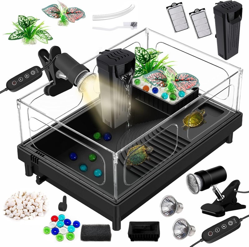 GOZILLA Small Turtle Tank Kit(Tank+Lamp+Filter), Acrylic Turtle Starter Kit with Adjustable Lamp, Reptile Habitat and Terrarium with Multi-Functional Areas for Small Reptiles. (Black Kit) - Image 1